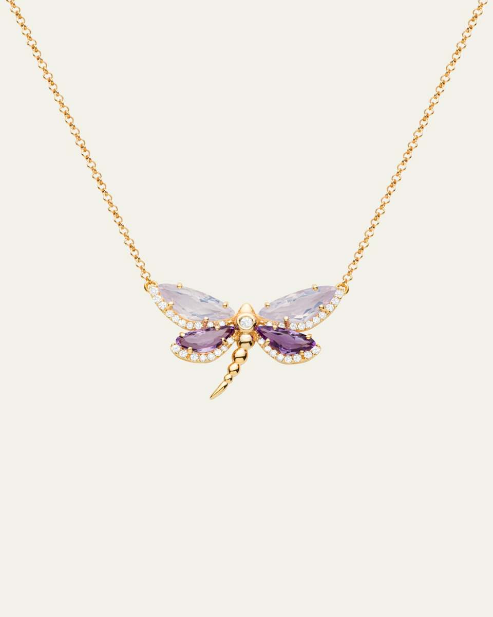 18K Rose Gold Medium Dragonfly Necklace with Opalose Quartz, Amethyst and Diamonds